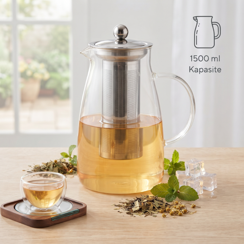 Detoks Sürahisi - 1500 ml - Paslanmaz Çelik Filtre - Cam - görsel 2